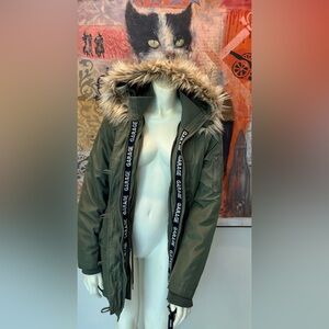 Garage Olive Green Hooded Parka removable Faux Fur Trim and lining VGC SZ SMALL